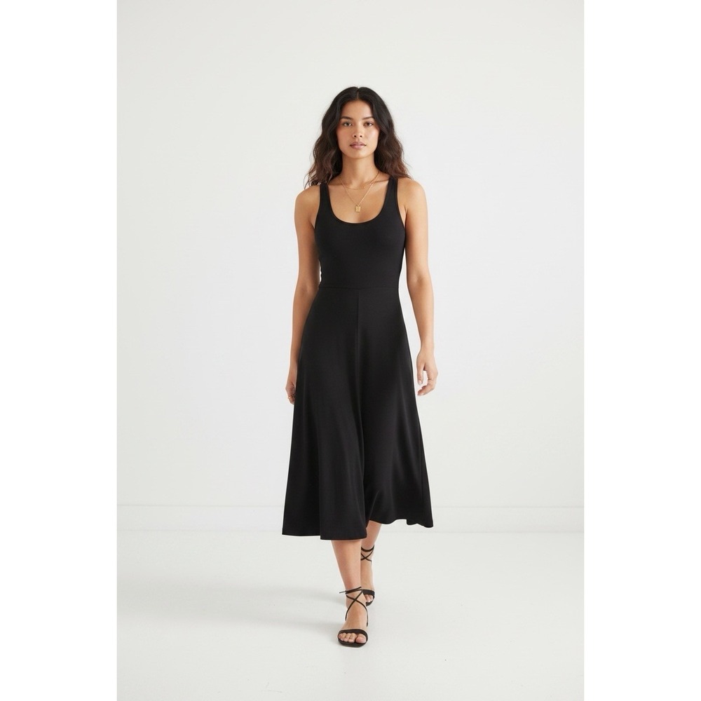 Marine Layer L Black Modal Spandex Rib Lexi Fit & Flare Stretchy MIDI Dress NEW